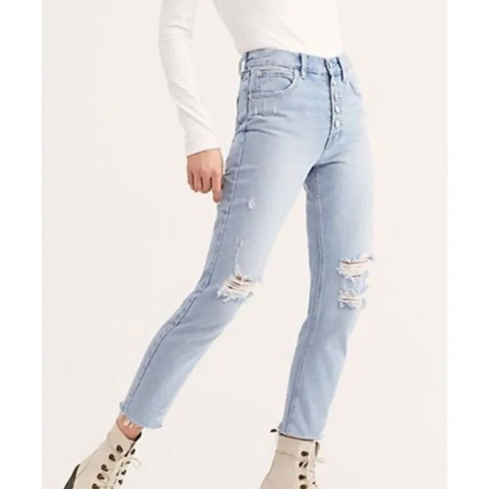 Free People Jeans Women's 27 Blue Blossom Rigid Button Fly Ripped Distressed